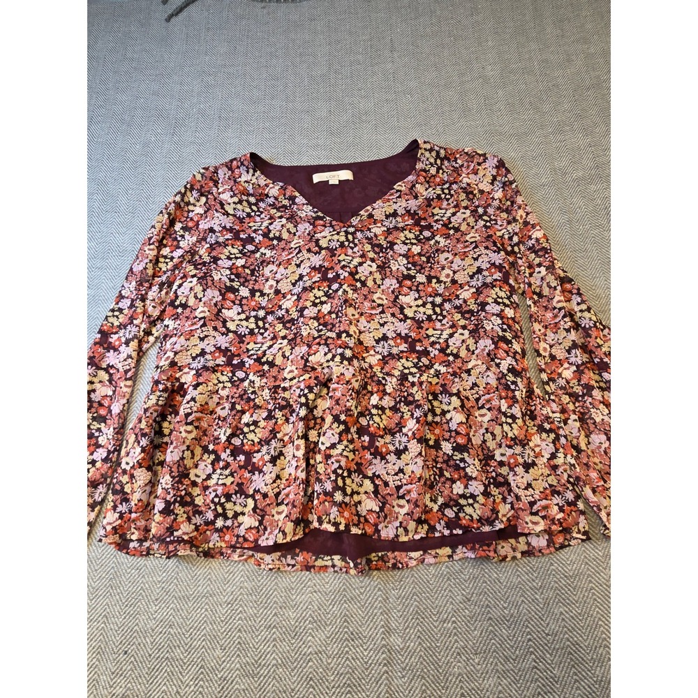 LOFT Blouse Top Women's M Multicolor Floral Crinkle Long Sleeve V-Neck Pullover